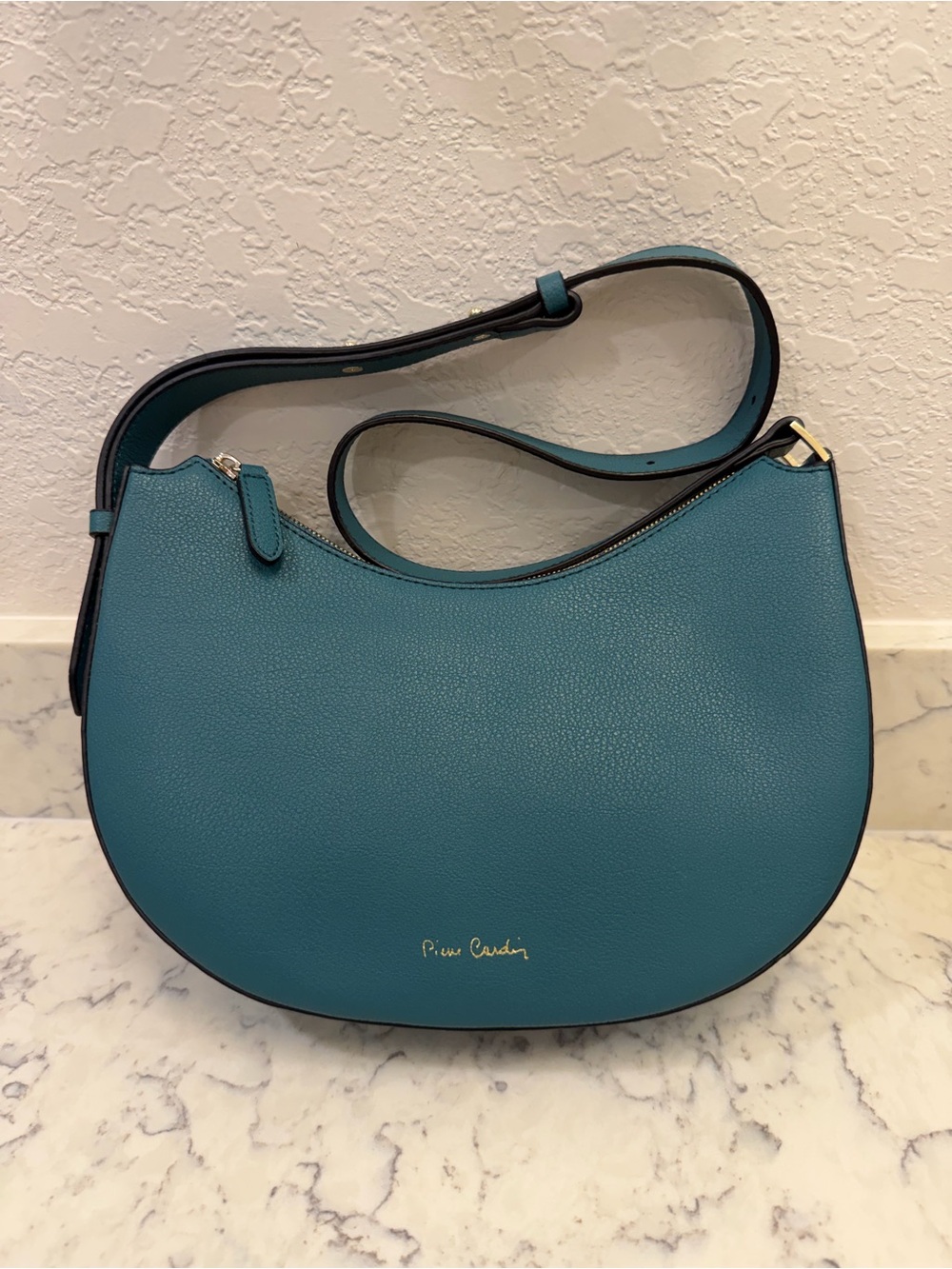 Pierre Cardin Paris Genuine Cow Leather Teal Hobo Shoulder Bag NWOT